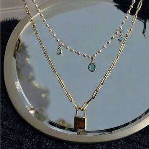 Elegant 14k Gold Electroplated Lock and Pearl Necklace with Teal Drops